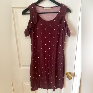 Cold Shoulder Polka Dot Dress - Burgundy